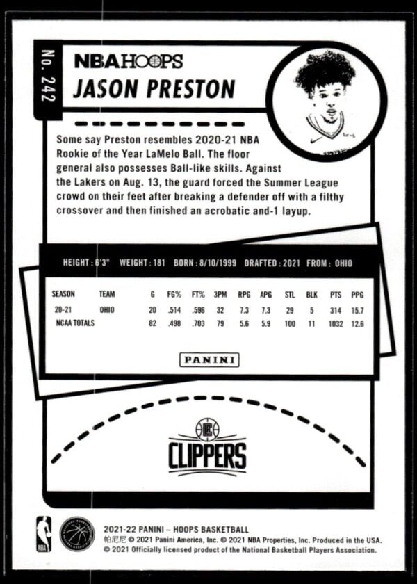 2021 NBA Hoops Los Angeles Clippers #242 Jason Preston RC Rookie