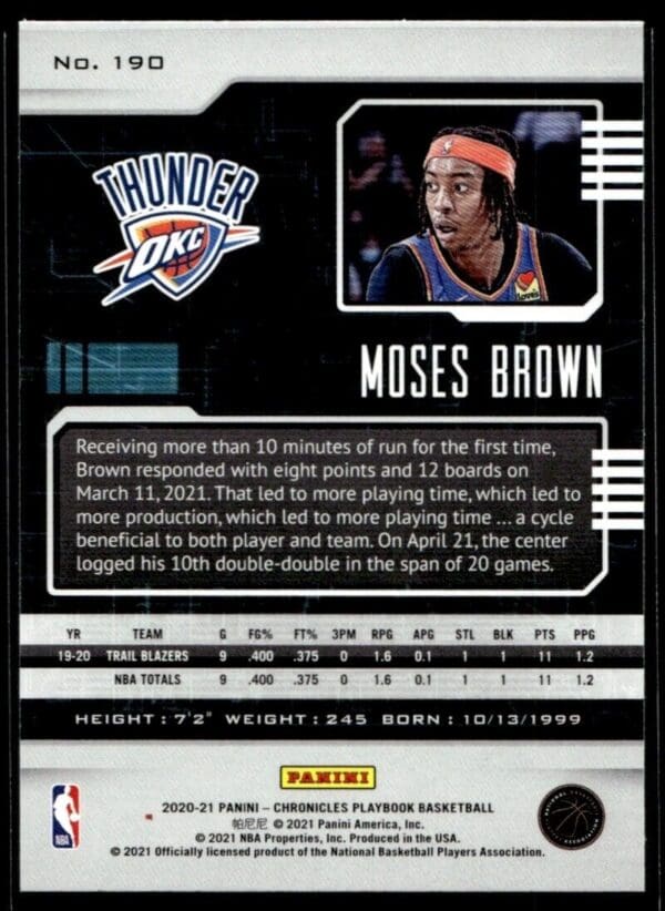 2020 Panini Chronicles Playbook Oklahoma City Thunder #190 Moses Brown RC Rookie
