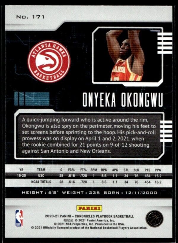 2020 Panini Chronicles Playbook Atlanta Hawks #171 Onyeka Okongwu RC Rookie