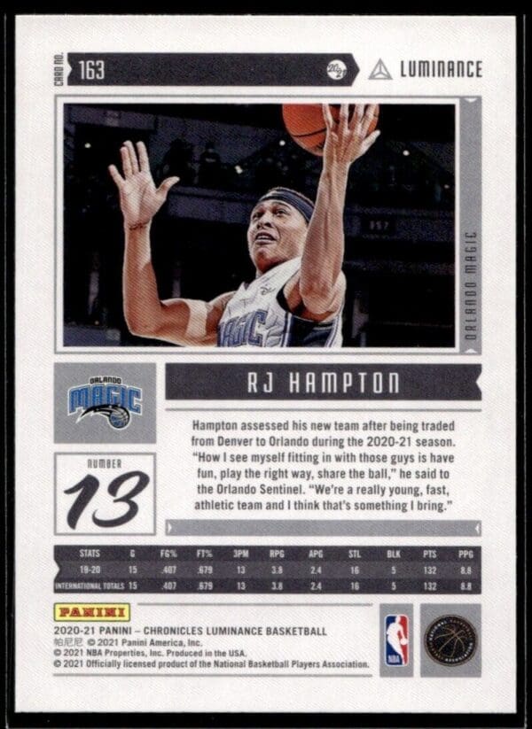 2020 Panini Chronicles Luminance Orlando Magic #163 RJ Hampton RC Rookie