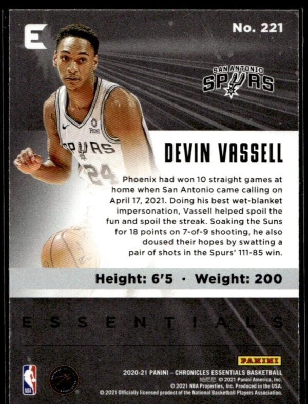 2020 Panini Chronicles Essentials San Antonio Spurs #221 Devin Vassell RC Rookie