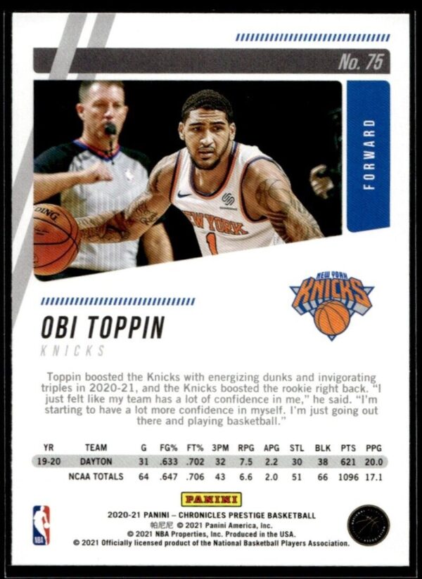 2020 Panini Chronicles Prestige New York Knicks #75 Obi Toppin RC Rookie