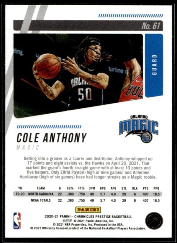 2020 Panini Chronicles Prestige Orlando Magic #61 Cole Anthony RC Rookie