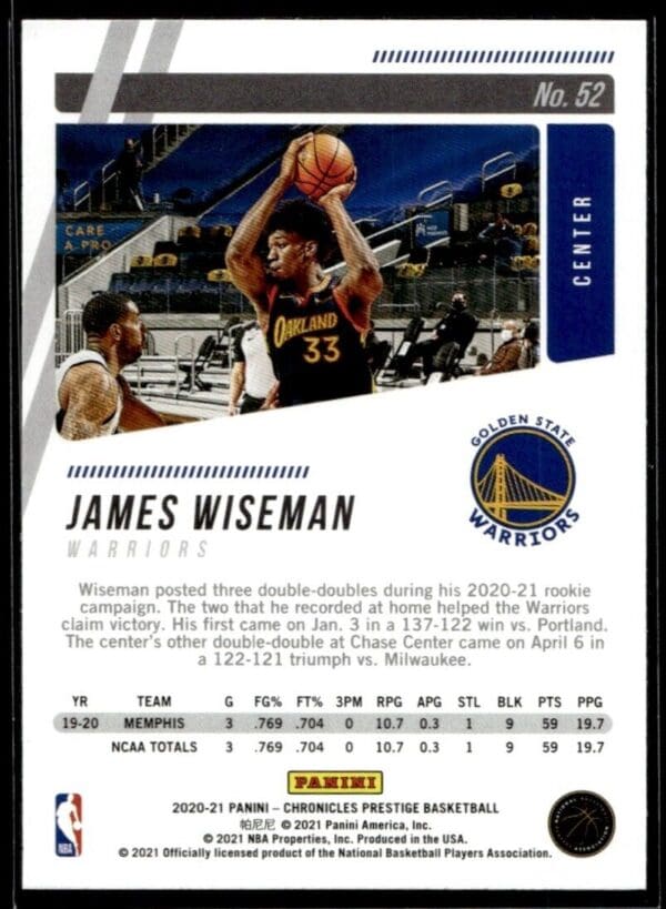 2020 Panini Prestige Golden State Warriors #52 James Wiseman RC Rookie