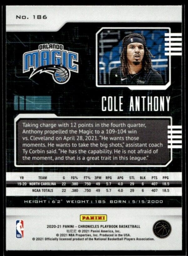 2020 Panini Chronicles Playbook Orlando Magic #186 Cole Anthony RC Rookie