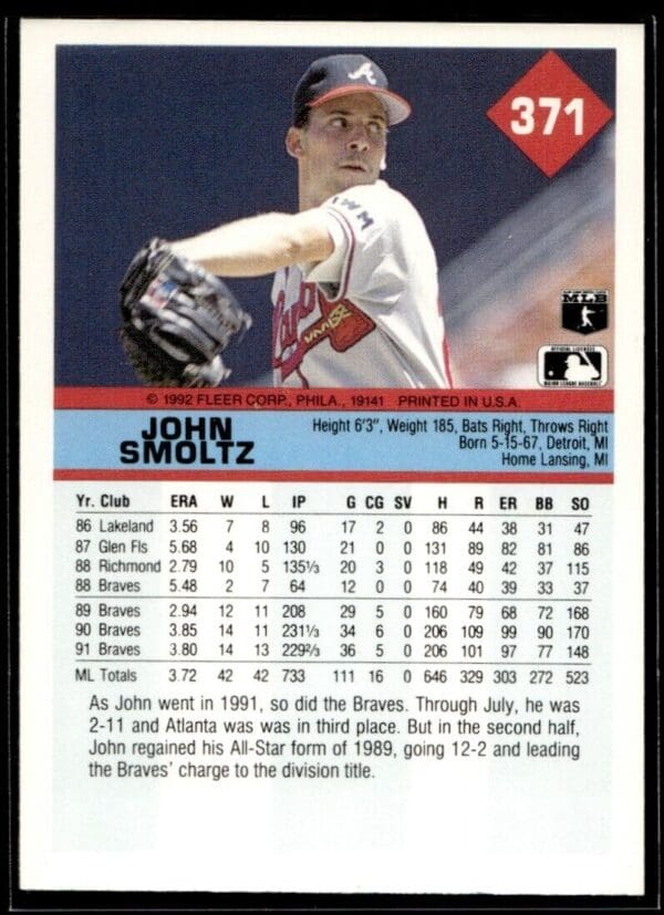 1992 Fleer Atlanta Braves #371 John Smoltz
