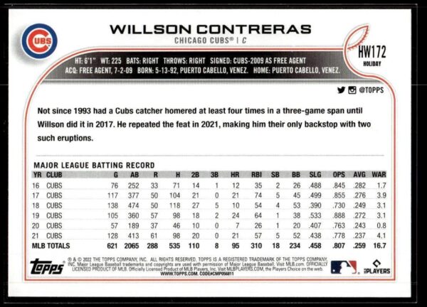 2022 Topps Holiday Chicago Cubs #172 Willson Contreras
