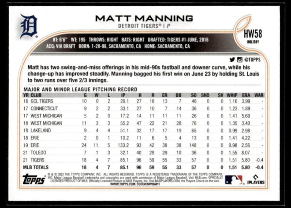 _10 2022 Topps Holiday Toledo Mud Hens #58 Matt Manning RC Rookie