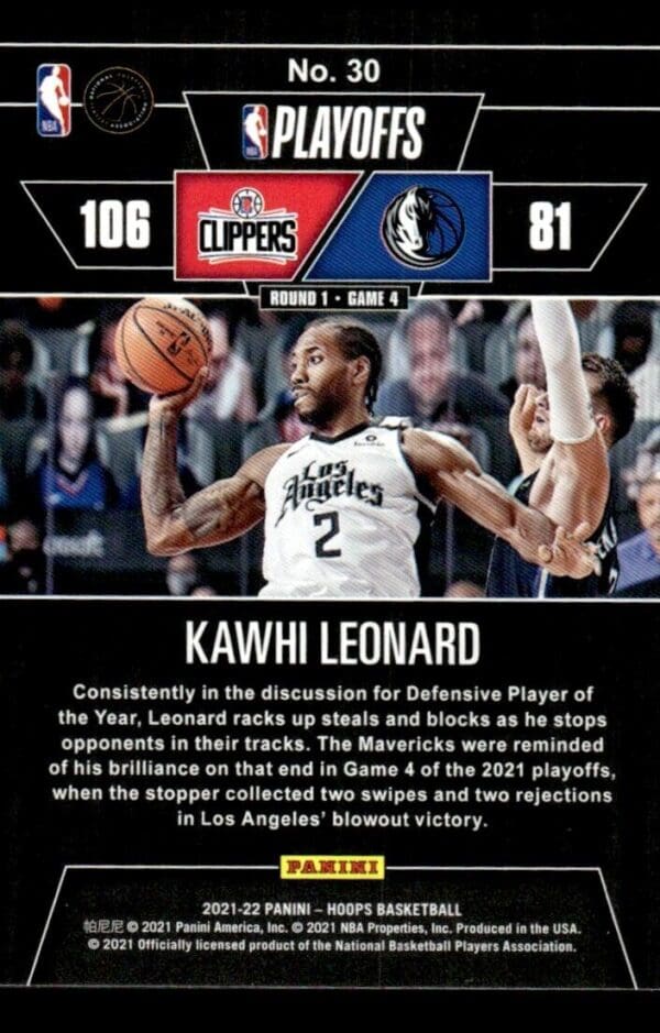 2021-22 Hoops Road to the Finals Second Round Kawhi Leonard 1876/2021 Los