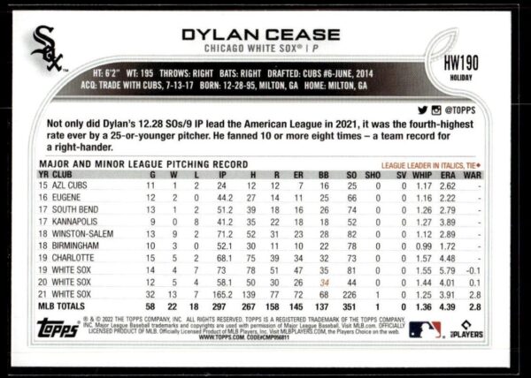 2022 Topps Holiday Chicago White Sox #190 Dylan Cease