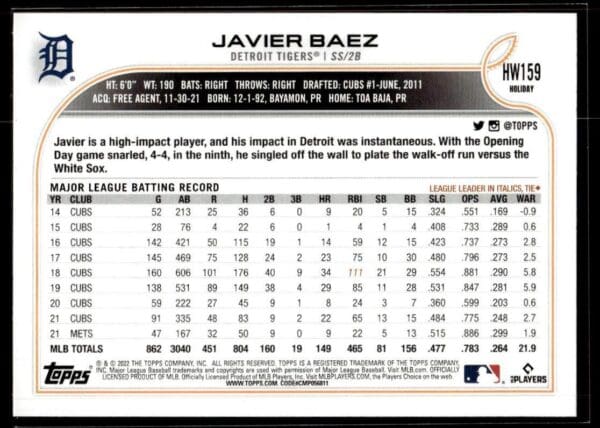 2022 Topps Holiday Chicago Cubs #159 Javier Baez