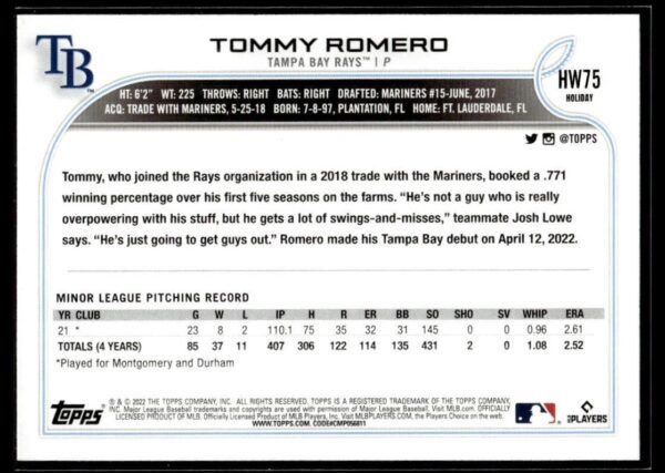 2022 Topps Holiday Tampa Bay Rays #75 Tommy Romero RC Rookie