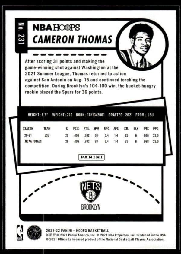 _10 2021 NBA Hoops Brooklyn Nets #231 Cameron Thomas RC Rookie