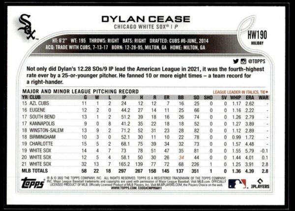 2022 Topps Holiday Chicago White Sox #190 Dylan Cease
