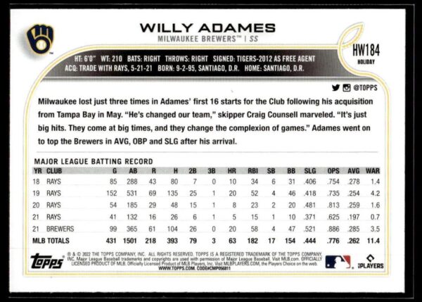2022 Topps Holiday Tampa Bay Rays #184 Willy Adames