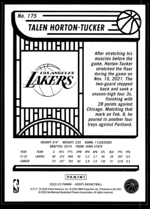2022 NBA Hoops Los Angeles Lakers #175 Talen Horton-Tucker