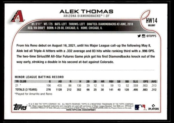 2022 Topps Holiday Visalia Rawhide #14 Alek Thomas RC Rookie