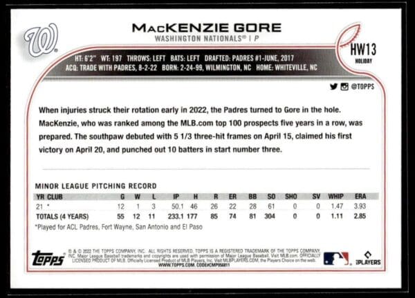 _10 2022 Topps Holiday Amarillo Sod Poodles #13 MacKenzie Gore RC Rookie