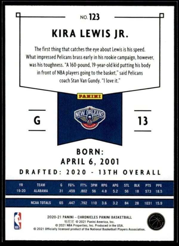 2020 Panini Chronicles New Orleans Pelicans #123 Kira Lewis Jr.
