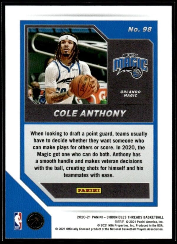 2020 Panini Chronicles Threads Orlando Magic #98 Cole Anthony