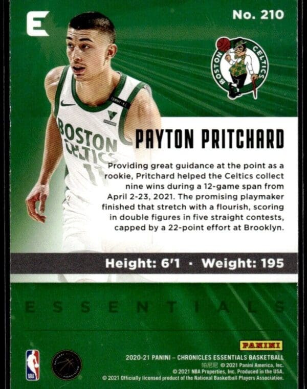 _10 2020 Panini Chronicles Essentials Boston Celtics #210 Payton Pritchard RC Rookie
