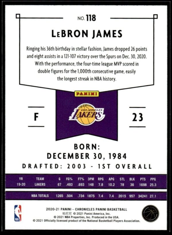 _10 2020 Panini Chronicles Los Angeles Lakers #118 LeBron James Pink