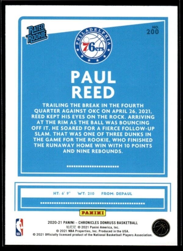 _10 2020 Donruss Chronicles Philadelphia 76ers #200 Paul Reed RC Rookie