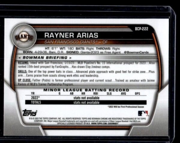 2023 Bowman Chrome San Francisco Giants #BCP-222 Rayner Arias