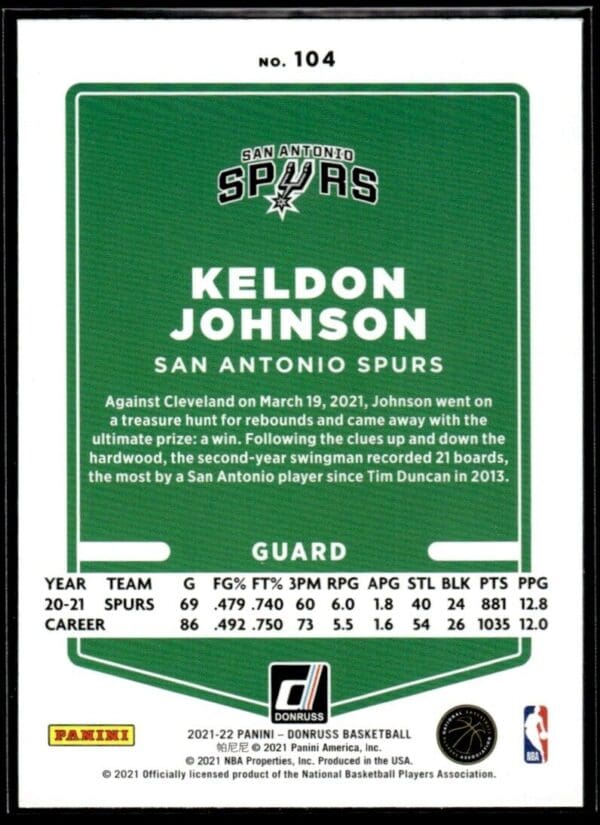 2021 Donruss San Antonio Spurs #104 Keldon Johnson