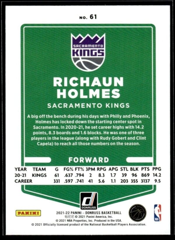 2021 Donruss Sacramento Kings #61 Richaun Holmes