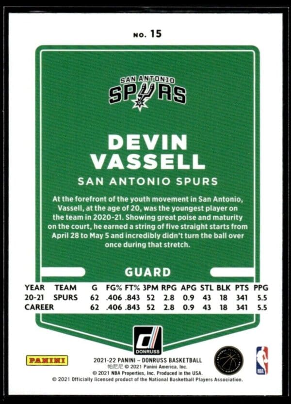 2021 Donruss San Antonio Spurs #15 Devin Vassell
