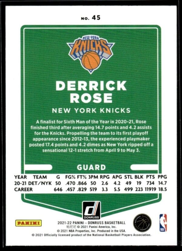 2021 Donruss New York Knicks #45 Derrick Rose