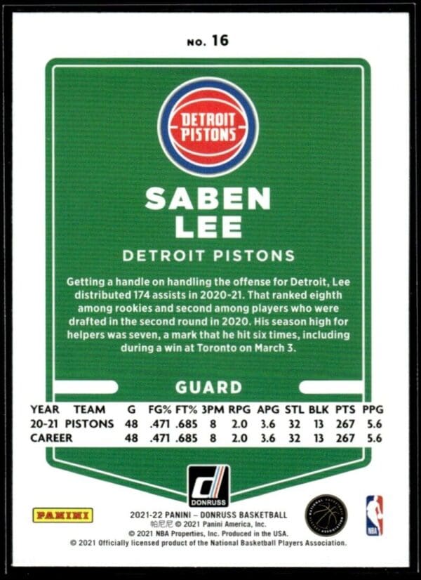 2021 Donruss Detroit Pistons #16 Saben Lee