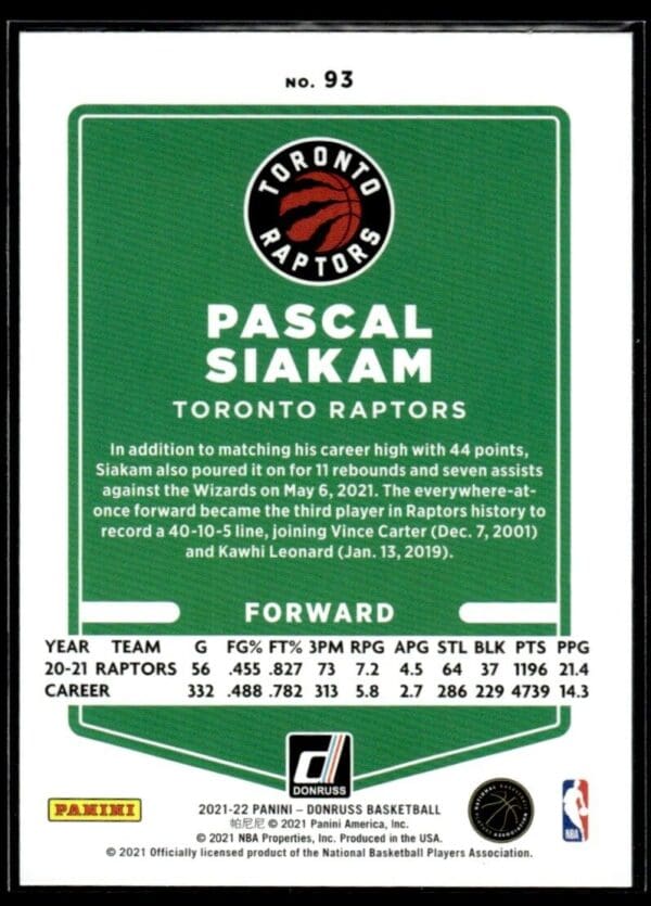 _10 2021 Donruss Toronto Raptors #93 Pascal Siakam