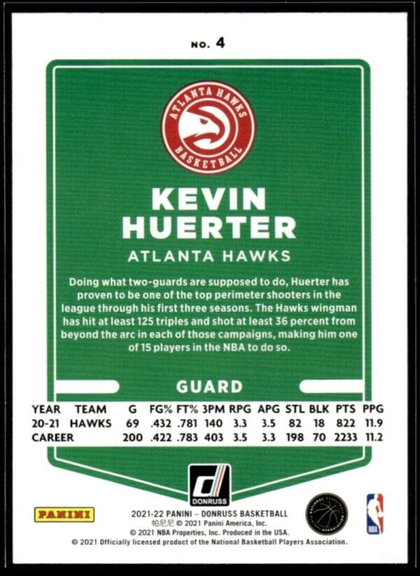 2021 Donruss Atlanta Hawks #4 Kevin Huerter
