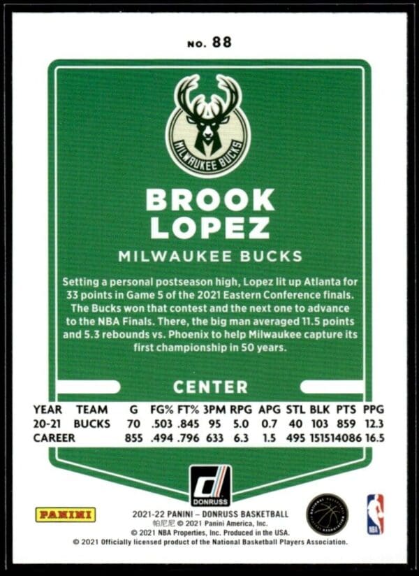 2021 Donruss Milwaukee Bucks #88 Brook Lopez