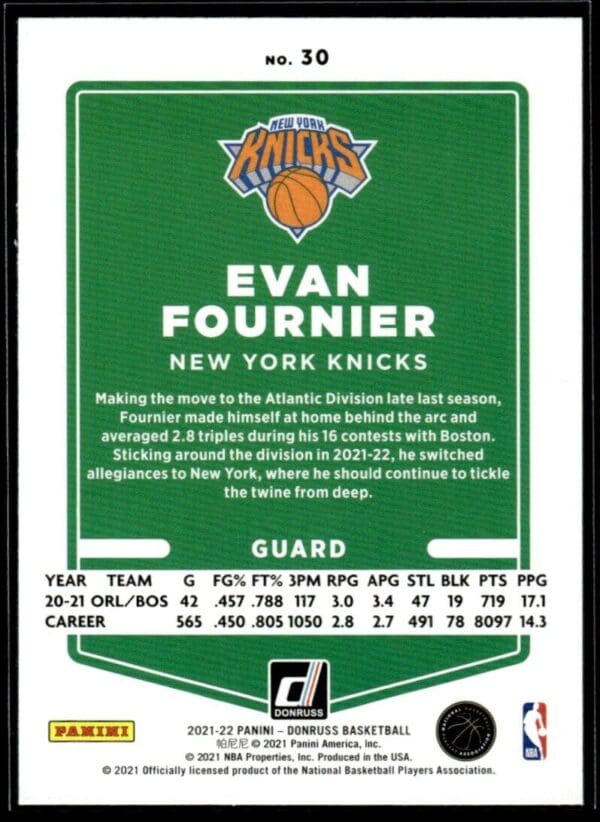 2021 Donruss New York Knicks #30 Evan Fournier
