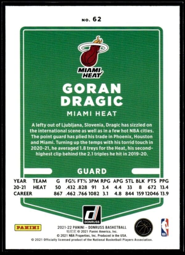 2021 Donruss Miami Heat #62 Goran Dragic