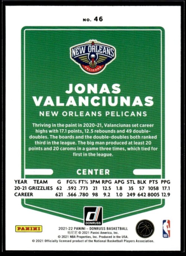 2021 Donruss New Orleans Pelicans #46 Jonas Valanciunas