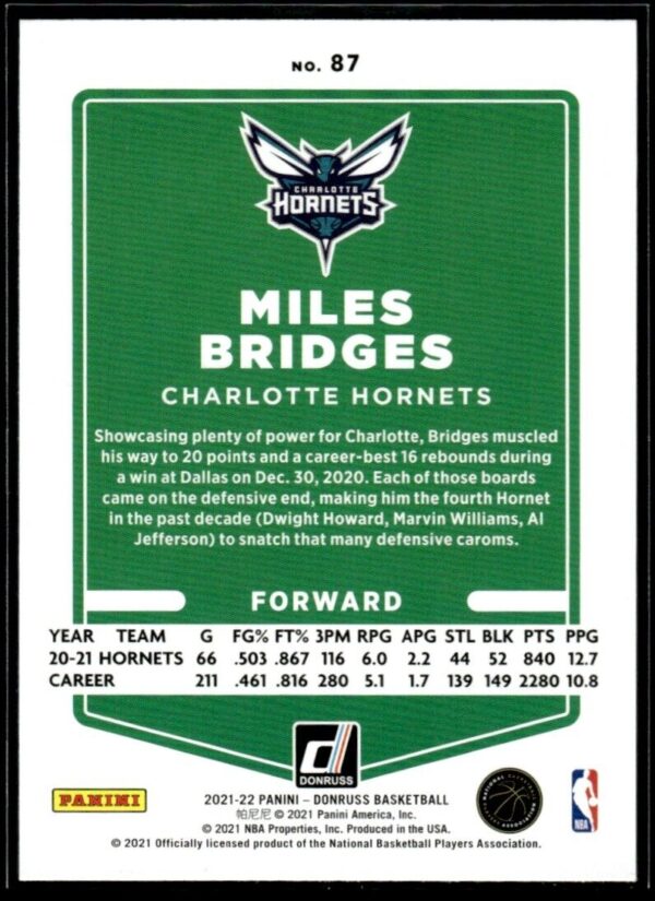_10 2021 Donruss Charlotte Hornets #87 Miles Bridges