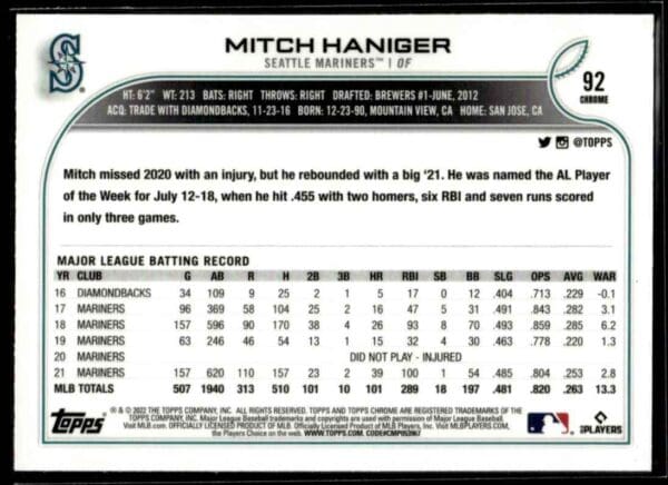 2022 Topps Chrome Mitch Haniger Seattle Mariners #92