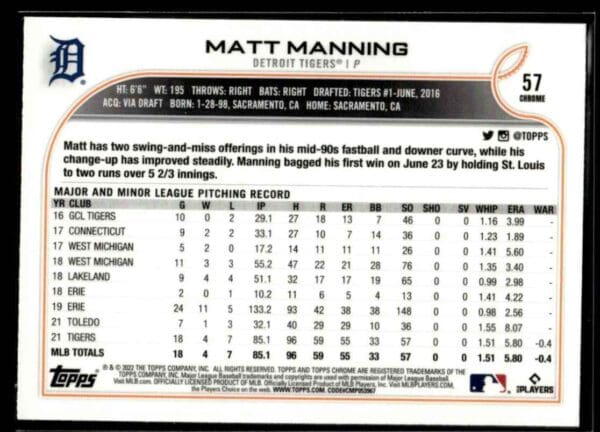 2022 Topps Chrome Matt Manning Rookie Detroit Tigers #57