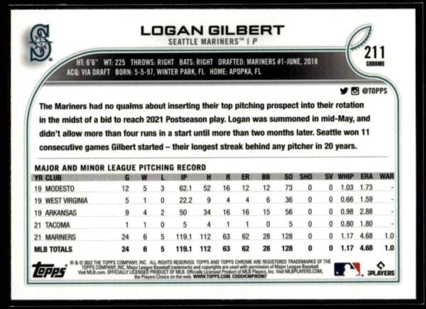 2022 Topps Chrome Logan Gilbert Seattle Mariners #211
