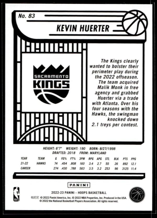 2022 NBA Hoops Sacramento Kings #83 Kevin Huerter