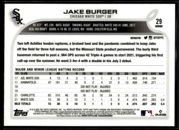 2022 Topps Chrome Jake Burger Rookie Chicago White Sox #29 Refractor