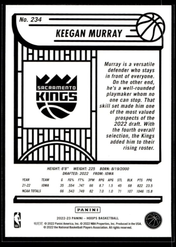 2022 NBA Hoops Sacramento Kings #234 Keegan Murray RC Rookie