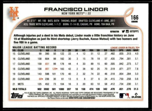 2022 Topps Chrome Francisco Lindor New York Mets #166 Refractor