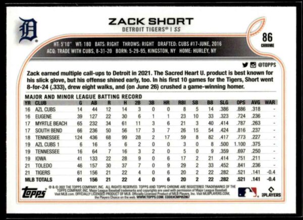 _10 2022 Topps Chrome Zack Short Rookie Detroit Tigers #86