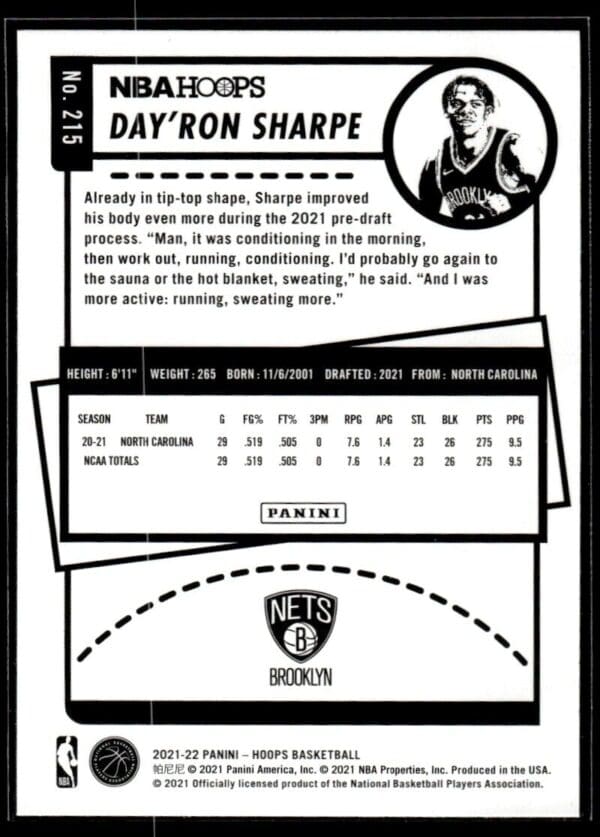 2021 NBA Hoops Brooklyn Nets #215 Day'Ron Sharpe RC Rookie