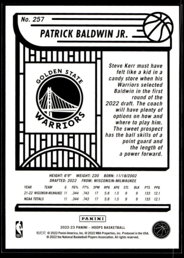 2022 NBA Hoops Golden State Warriors #257 Patrick Baldwin Jr. RC Rookie
